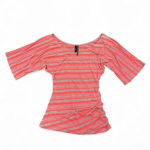 Guess by Marciano Coral and Gray Striped Tee